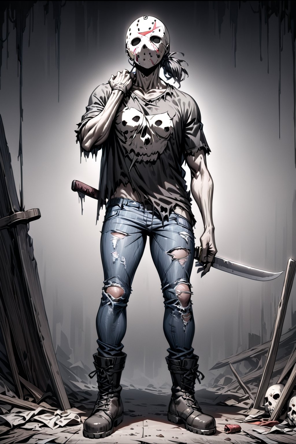 (((full body))), (((NSFW))), (4K image), (ultra quality image), (ultra detailed image), (perfect body), (Super Detailed), character Jason Voorhees from the film Friday the 13th, old torn t-shirt, old torn jeans, old punk boots, dark gray hair tied up,  2 meters tall, strong body, bust size 50, machete in his right hand, and a severed head in his left hand, horror and terror theme,
