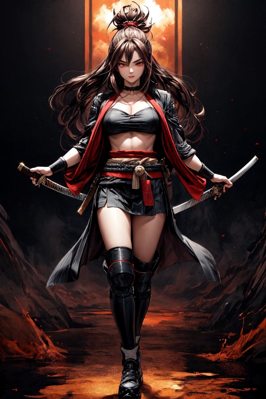 {[(8K quality image), (full body), (ultra quality image), (ultra detailed image), (perfect body), (super detailed)]}, 
Woman samurai, long black hair, reddish brown eyes, defined body, combat stance, serious face, psychedelic setting, sexy woman, xogun age