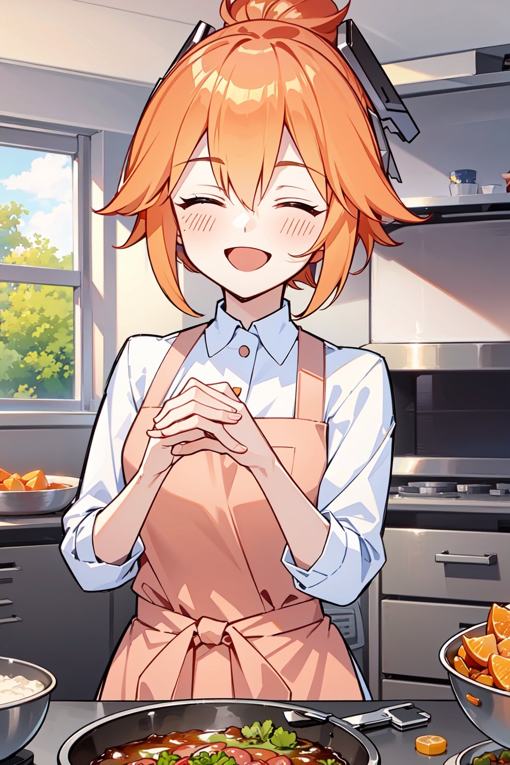 fanny, closed eyes, short ponytail hair, orange hair, upper body, happy, enthusiastic, smiling, grinning, shy, both hands on cheeks, white shirt aspirants, slim waist, pink apron, indoors kitchen, ingredients cooking, masterpieces.