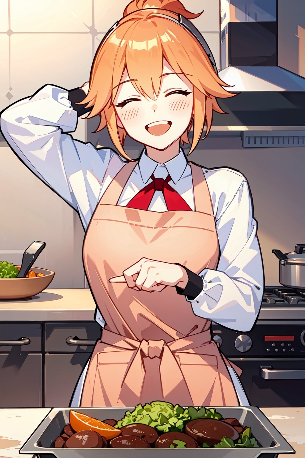 fanny, closed eyes, short ponytail hair, orange hair, upper body, happy, enthusiastic, smiling, grinning, shy, hands on head, white shirt aspirants, slim waist, pink apron, cook food, indoors kitchen, ingredients cooking, kitchen tools, masterpieces.