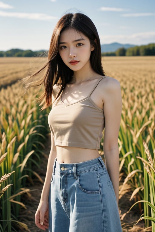 1girl,beige,midriff,denim_skirt,wheat field,cowboy_shot,high_res,ultra high res,best quality,raw photo,35mm f/1.4,<lora:659111690174031528:1.0>