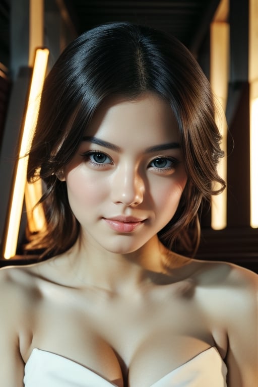 a cute and beautiful face(an Indonesian), perfect body, models, eyes glows, upper body from knee framing , the image face is very detailed, photographic, long shot, very realistic,fantasy ,Realism,Portrait,Raw photo, UHD, 32K, Detailedface