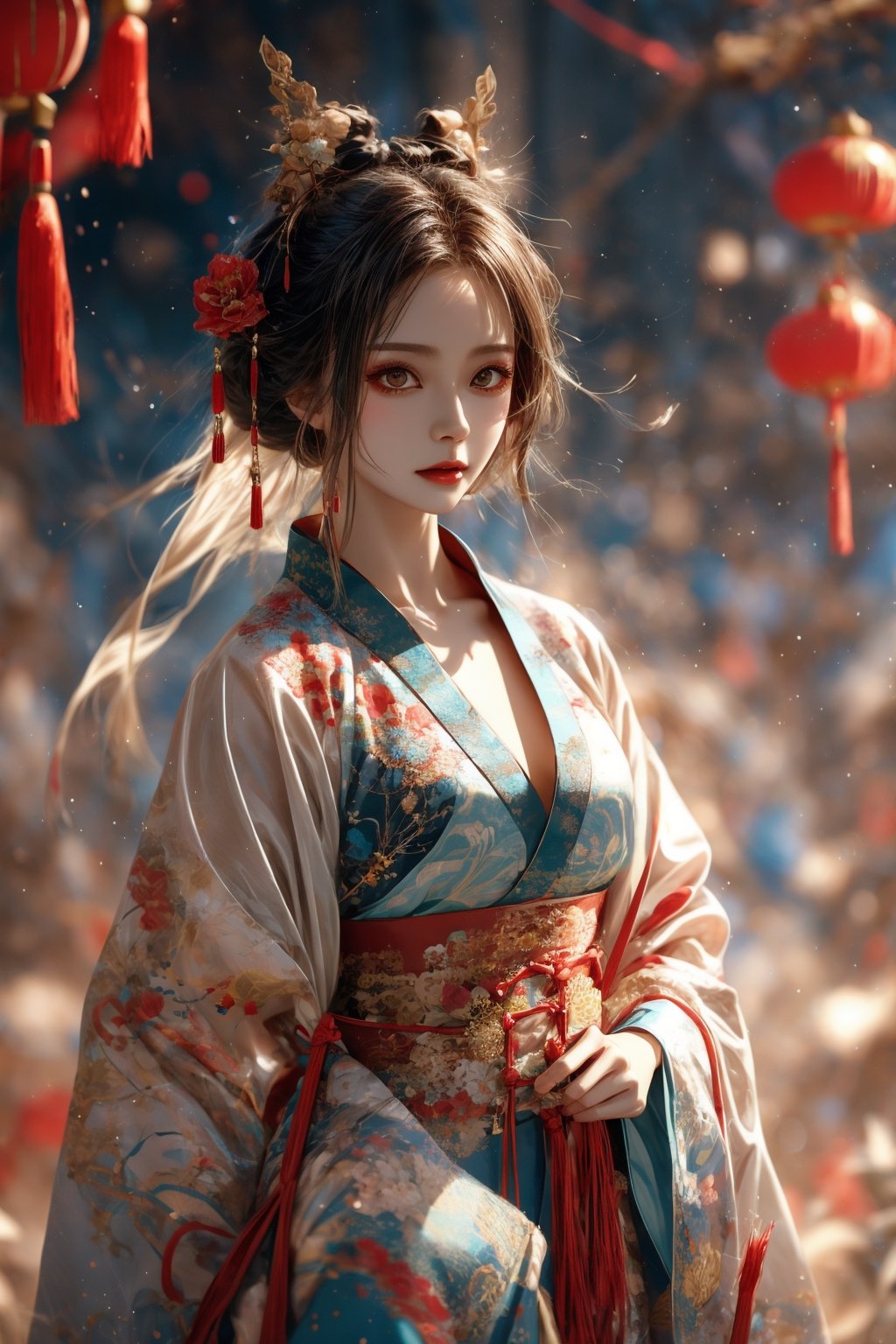 muelsyse (Arknights), 1girl, solo, slightly upturned lips, lipgloss, beautiful delicate eyes, hanfu, hanfu, splash background, holding sword, best quality, amazing quality, very aesthetic, ridiculous,girl, chinese clothes ,yumi