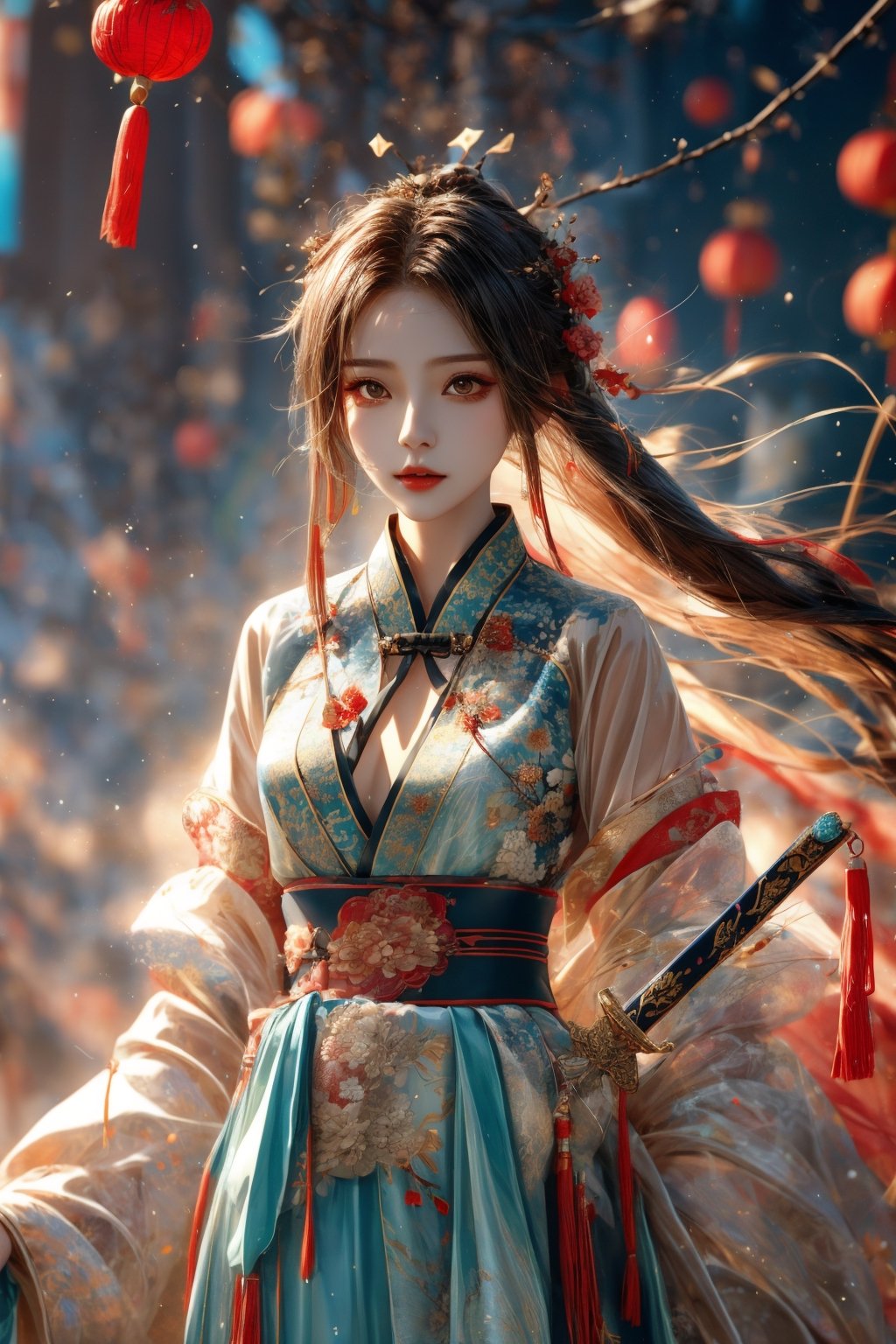 muelsyse (Arknights), 1girl, solo, slightly upturned lips, lipgloss, beautiful delicate eyes, hanfu, hanfu, splash background, holding sword, best quality, amazing quality, very aesthetic, ridiculous,girl, chinese clothes ,yumi