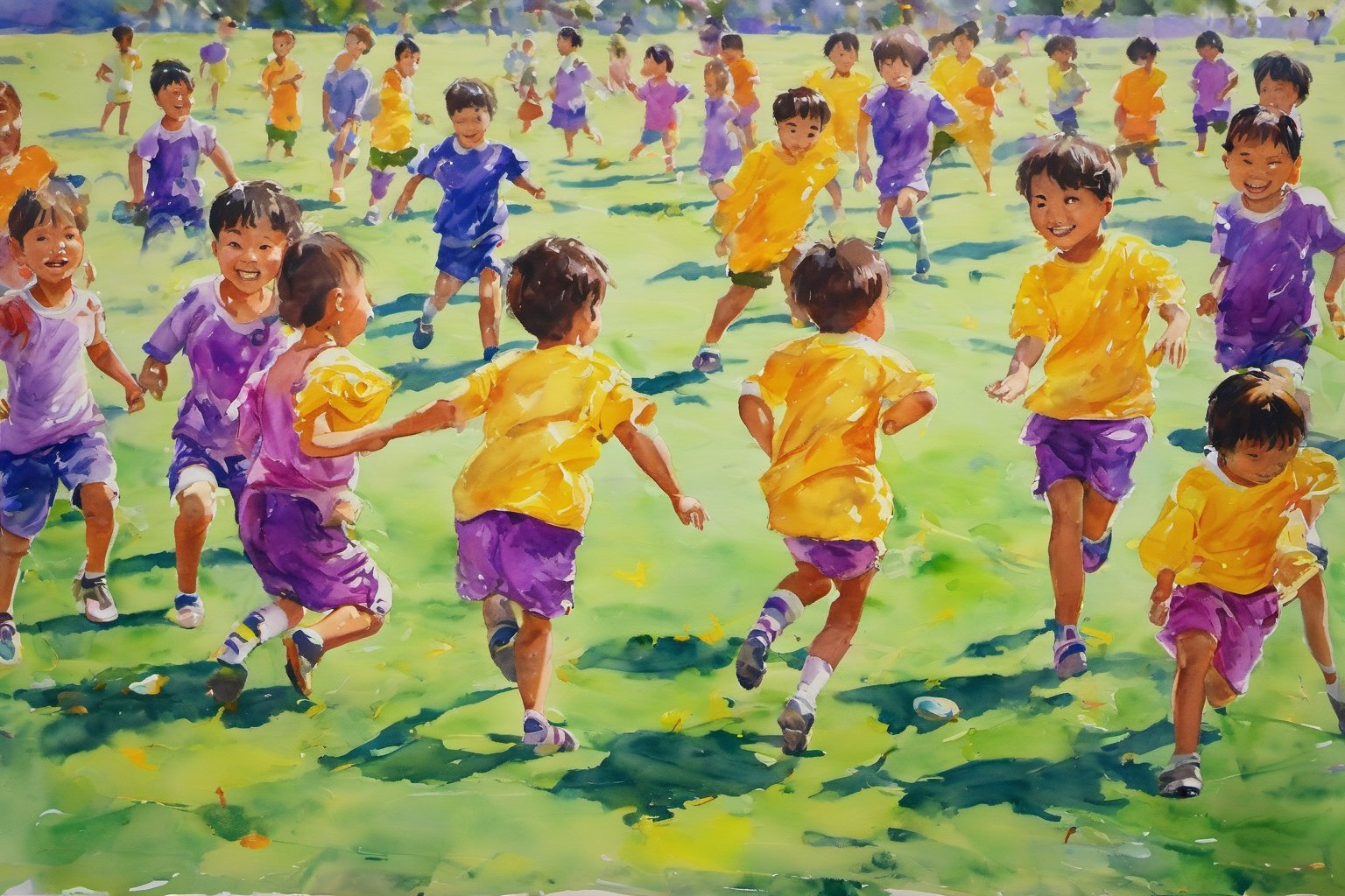 Children's painting, color painting, many children, big head, wearing yellow sports tops, purple sports shorts, playing football on the turf, sunshine