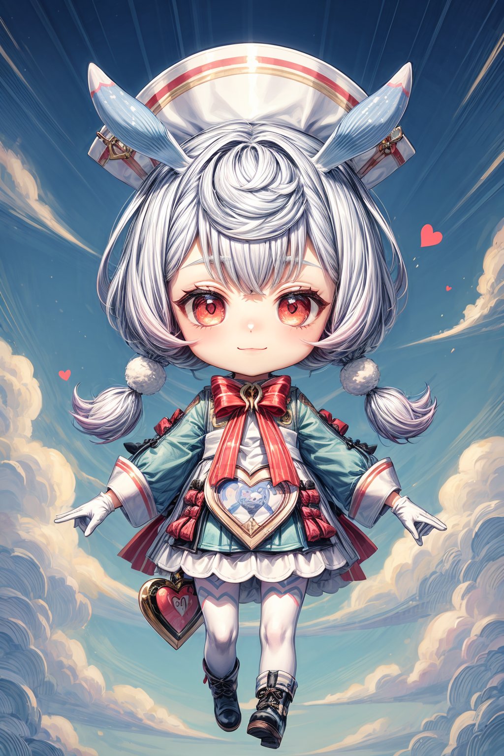 sigewinne \(genshin impact\), 1girl, solo, white gloves, red eyes, pom pom \(clothes\), long sleeves, twintails, red bow, white headwear, animal ears, white apron, white pantyhose, bowtie, dress, blue hair, pom pom hair ornament, heart satchel, boots, vision \(genshin impact\), outdoor, happy face, chibi