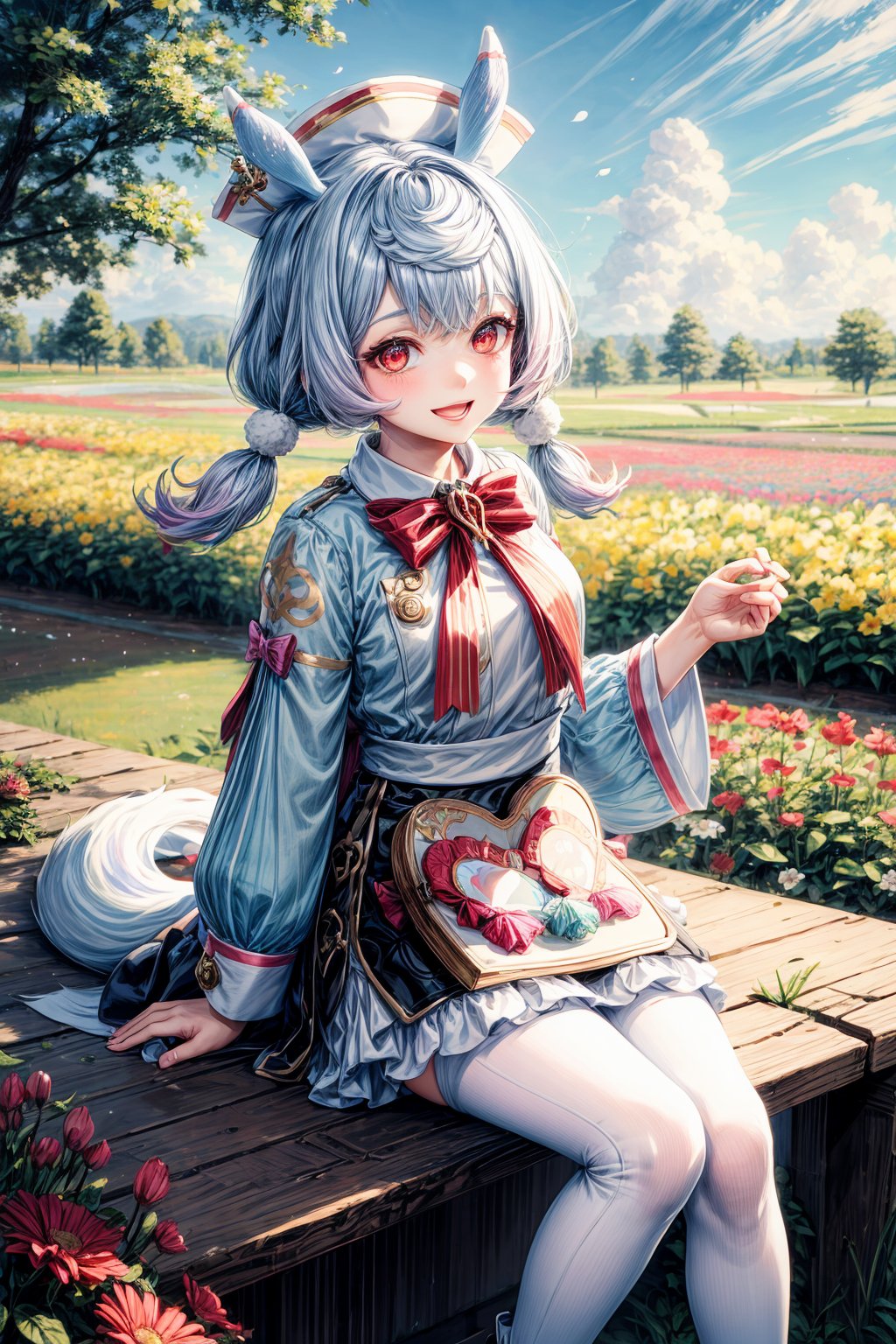 A solo vision of Sigewinne from Genshin Impact, framed in a bright and airy outdoor setting amidst blooming flower fields. She stands with a beaming happy face, wearing a stunning dress adorned with pom poms and twintails tied up with red bows and matching white headwear featuring animal ears. A white apron drapes down her front, paired with white pantyhose and a bowtie at the neck. Her blue hair is styled with a fluffy pom pom hair ornament, and she holds a heart-shaped satchel in one hand while wearing knee-high boots. The focus is on Sigewinne's radiant smile as her red eyes shine bright, surrounded by the vibrant colors of the flower fields.