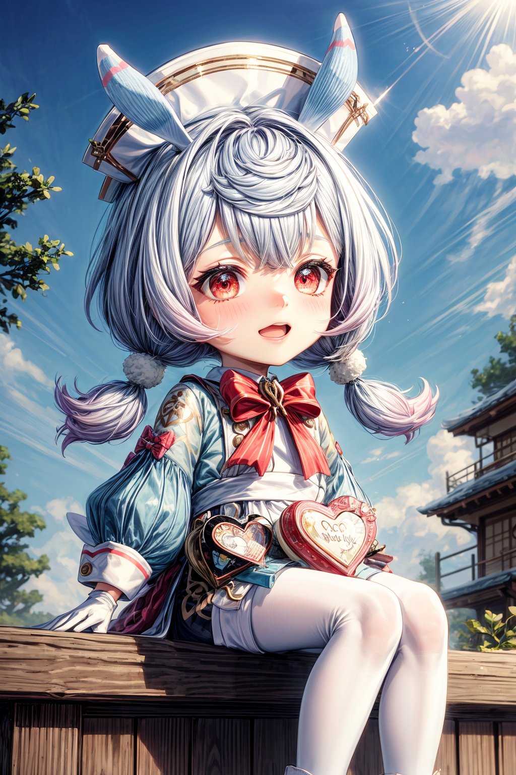 sigewinne \(genshin impact\), 1girl, solo, white gloves, red eyes, pom pom \(clothes\), long sleeves, twintails, red bow, white headwear, animal ears, white apron, white pantyhose, bowtie, dress, blue hair, pom pom hair ornament, heart satchel, boots, vision \(genshin impact\), outdoor, happy face, chibi