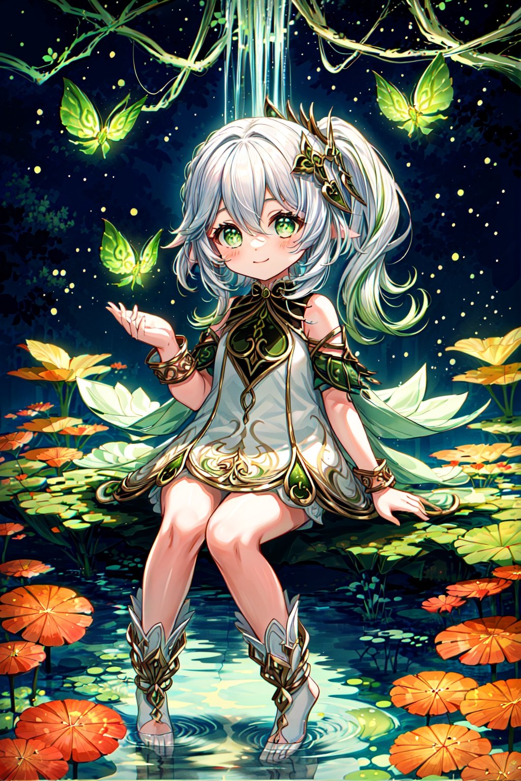 Chibi, dreamy, serene, white and green:1.2),(full body, sitting, nahida with jade bottle:1.1),(praying hands),(blessing),(smiling),(compassionate),(lotus throne, floating, (lotus flowers, branches),(dry ice, fog, below:1.1),(from front),(medium shot),As she sits on a floating lotus throne, nahida holds a jade bottle and makes a praying gesture. She smiles and blesses the world with her compassion. Behind her, lotus flowers and branches surround her, creating a natural and peaceful backdrop. Below her, dry ice forms a fog that adds to the dreamy atmosphere. The main colors are white and green, creating a pure and harmonious mood.(magazine:1.3), (cover-style:1.3), fashionable, kid,  vibrant, dynamic, background, elements, statement, majestic, masterpiece, best quality, lens flare, depth of field,(backlighting, Backlight:1.1),  grating,raster,(Light through hair:1.2), chibi, nahida
