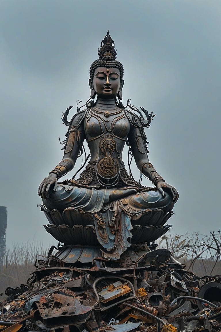A towering, intricately constructed mechanical Avalokitesvara Bodhisattva standing atop a mound of discarded metal and debris. The Avalokitesvara Bodhisattva namaste appears to be made of various metal parts, wires, and tools, giving it a skeletal and mechanical appearance. The background is overcast, adding a somber and post-apocalyptic feel to the scene.