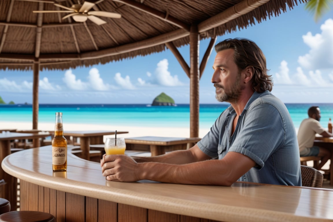 Close-up of a lone man at a beach bar on a tropical island, 8k highly professionally detailed, high resolution, award-winning, intricate, highly detailed, smooth, in focus, photorealistic