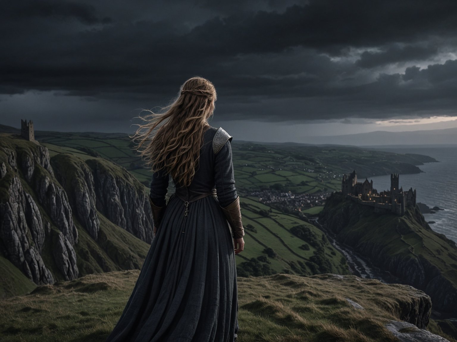 Viewed from behind, one woman standing on a cliff in Medieval England on a stormy night, her long hair flowing in the wind. 8k highly professionally detailed, high resolution, award-winning, intricate, highly detailed, smooth, in focus, photorealistic