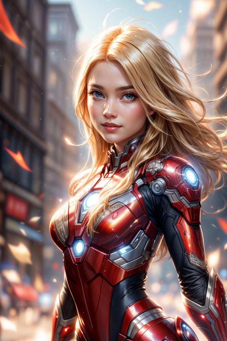 1girl, Gwyneth Paltrow as Ironman (from marvel studios), red Ironman suit (holding your helmet), smile, look at viewer, (masterpiece, best quality, detailed cloth texture, beautiful detailed face, intricate details, ultra detailed), blonde hair, dynamic pose, (random angles), (Best quality, A high resolution, Photorealistic, primitive, buildings destroyed, abstract background, (8K,Masterpiece, ),Best quality, Masterpiec8K.hdr. High ribs:1.2, filmgrain, Blur bokeh:1.2, Lens flare, (vivd colour:1.2), (Delicate),
,1 girl