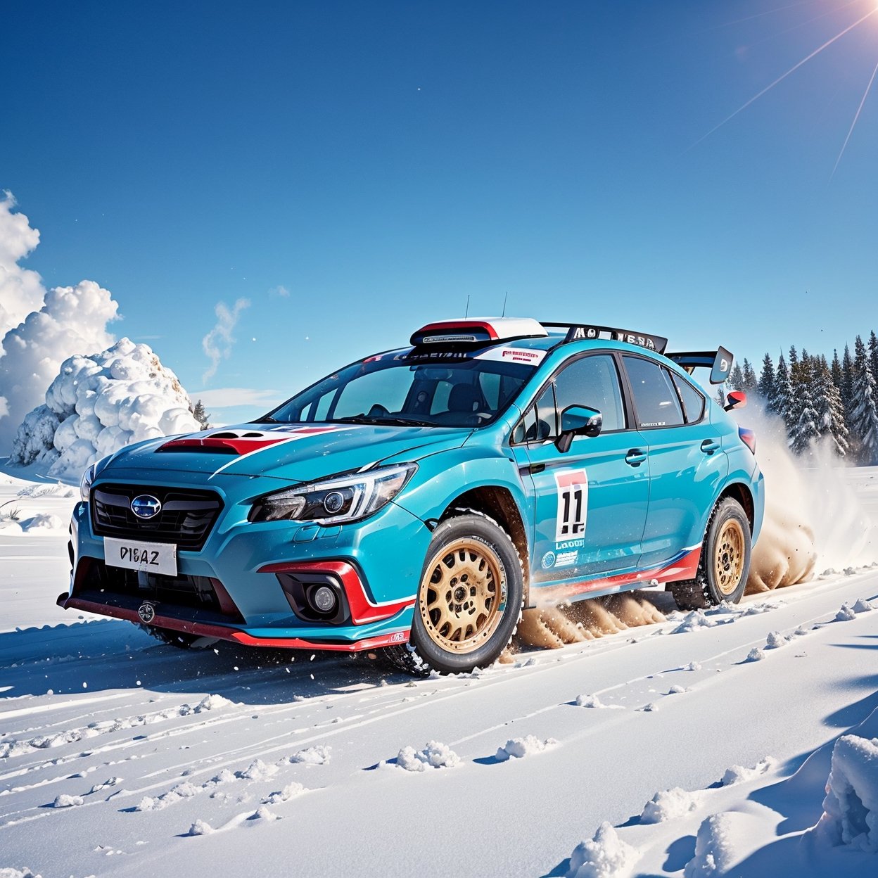 image of the subaru rally car blue drifting on rough snow terrain, scatter dust came from tyre, taken from differents angle view.