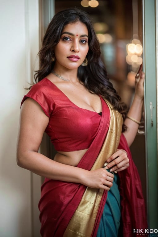 Candid Portrait of a chubby woman, saree, sleeveless, cleavage, very long curly hairs, long curly hairs,, shot with nikon 35 mm prime lens, f/1.8, bokkeh,, indoors, beautifully decorated, realism, volumetric lighting, (masterpiece:1.2), (insane quality:1.4), (flawless composition:1.5), (hdr:1.3) , professional photography, (Professional Color Grading), Edge Lighting,Dramatic lighting,Cinematic lighting,Lumen reflections, Soft natural lighting, Soft color, Photon mapping, Radiosity,