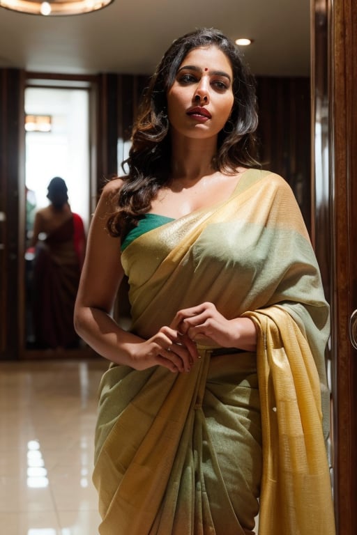 Candid Portrait of a chubby woman, saree, sleeveless, cleavage, very long curly hairs, long curly hairs,, shot with nikon 35 mm prime lens, f/1.8, bokkeh,, indoors, beautifully decorated, realism, volumetric lighting, (masterpiece:1.2), (insane quality:1.4), (flawless composition:1.5), (hdr:1.3) , professional photography, (Professional Color Grading), Edge Lighting,Dramatic lighting,Cinematic lighting,Lumen reflections, Soft natural lighting, Soft color, Photon mapping, Radiosity,