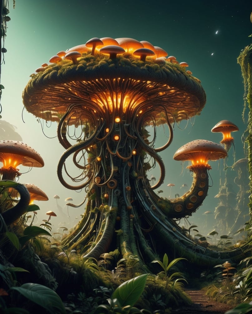 Witness the unique and fantastical biggest fantasy mushroom, jungle, from bioluminescent flowers to tentacled beasts. top view. A Year on a Remote Planet. Sci-Fi Ambiance for Sleep, Study, planets background, Relaxation, (realistic:1.2), (photorealistic:1.2), fire flies, butterflies, professional photo, (masterpiece), intricate details, best quality, volumetric lighting, 8k, dramatic lighting, macro details, extreme details, abstract colors, infinite focus, atmospheric lighting, artstation, high quality, fujifilm,bl4k3,DonMG414 ,Mecha body,BiophyllTech