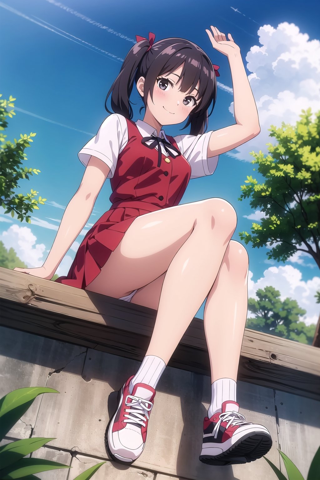 1girl, solo, breasts, looking at viewer, blush, smile, bangs, skirt, shirt, black hair, ribbon, twintails, sitting, closed mouth, full body, white shirt, ass, short sleeves, thighs, pleated skirt, outdoors, sky, shoes, day, socks, cloud, miniskirt, black eyes, arm up, tree, blue sky, red skirt, from below, red dress, sneakers, branch, shoe soles, convenient leg, in tree, sitting in tree