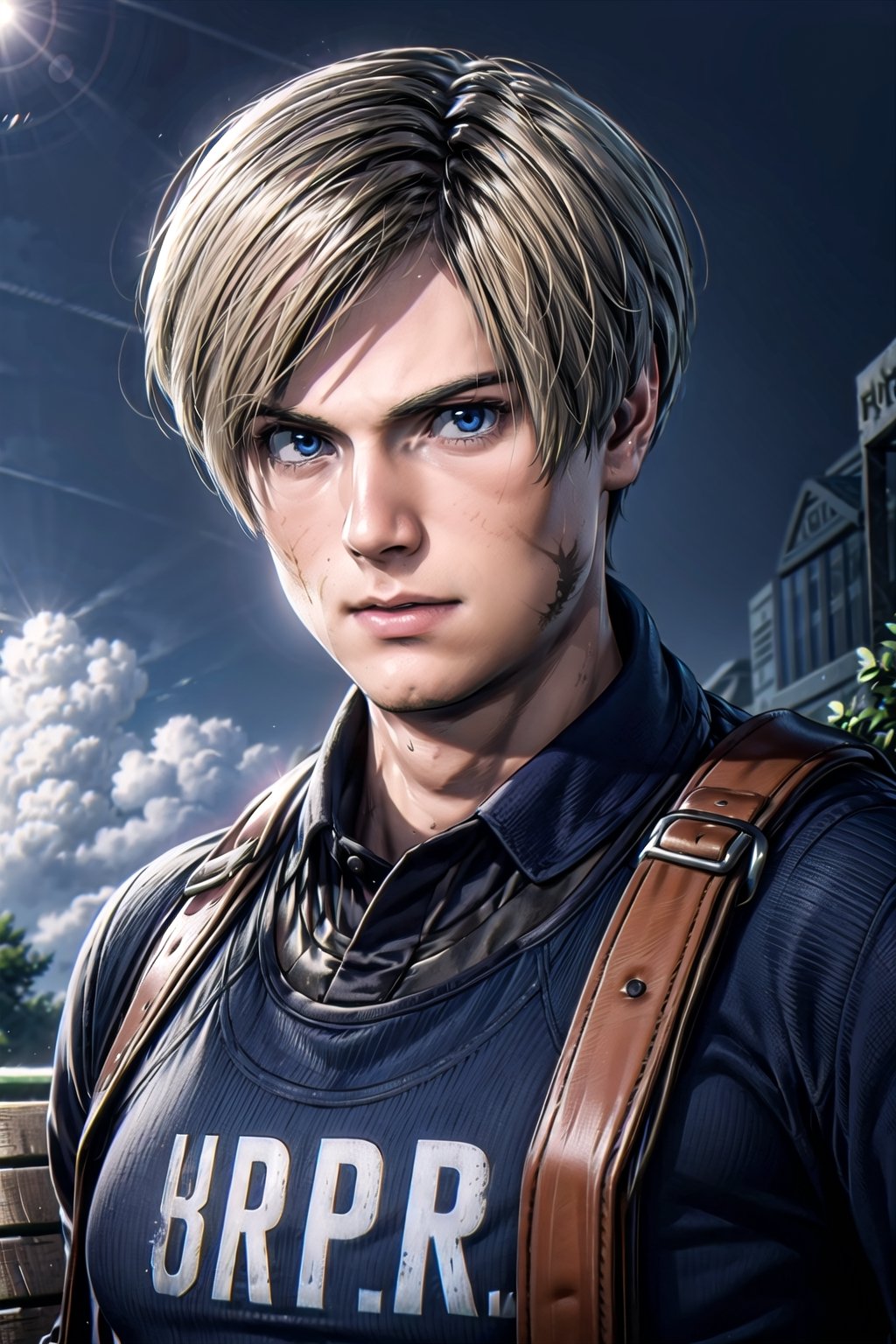 solo, blue eyes, blonde hair, 1boy, upper body, male focus, outdoors, sky, realistic, bench,re2leon