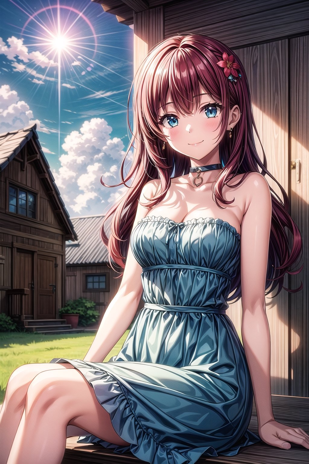 1girl, solo, long hair, breasts, looking at viewer, smile, bangs, blue eyes, hair ornament, dress, cleavage, bare shoulders, jewelry, medium breasts, sitting, closed mouth, collarbone, flower, red hair, earrings, choker, outdoors, hair flower, aqua eyes, plain, colorful flowers around, sky, sun reflection, cottages, strapless, blue dress, strapless dress, green dress, aqua dress