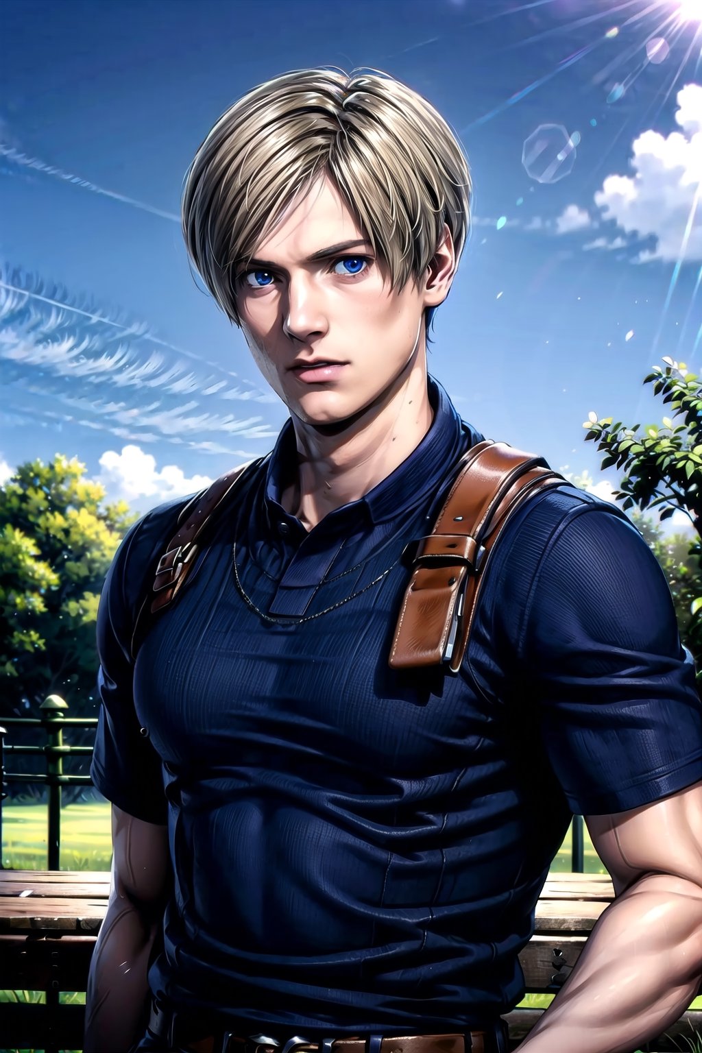 solo, blue eyes, blonde hair, 1boy, male focus, outdoors, sky, bench,re2leon