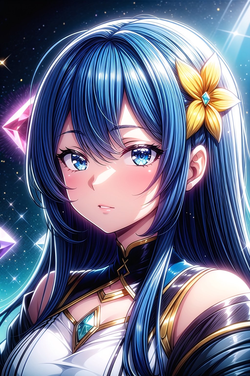 1girl, solo, long hair, looking at viewer, bangs, blue eyes, hair ornament, jewelry, closed mouth, blue hair, upper body, multicolored hair, parted lips, virtual youtuber, hair flower, orange hair, streaked hair, gem, portrait, light particles, blue gemstone,light