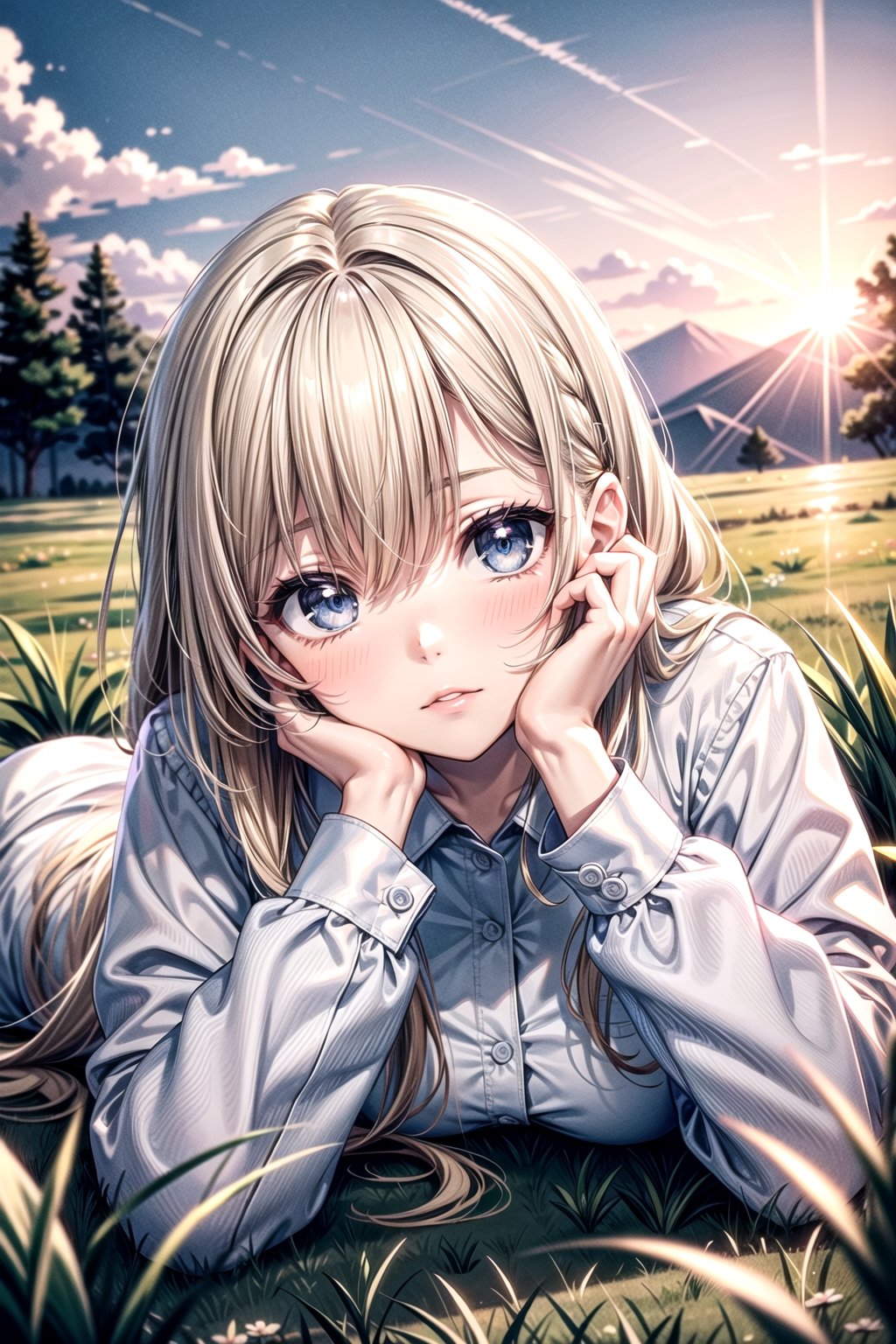1girl, solo, long hair, looking at viewer, blue eyes, blonde hair, shirt, long sleeves, dress, closed mouth, white shirt, outdoors, lying, sky, day, cloud, blurry, lips, grey eyes, depth of field, grass, on stomach, hand on own face, sunset, head rest