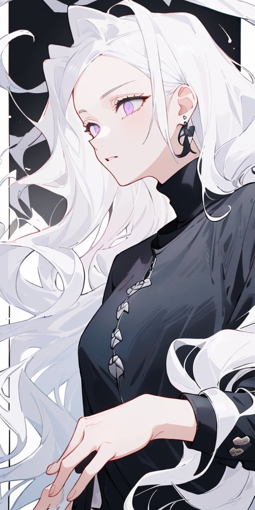 Masterpiece, ultra detailed, hyper high quality, quality beyond the limits of AI, the ultimate in wisdom, top of the line quality, 8K, 

1girl

(white hair), side_braid ((long wavy hair)), blue earrings,  ((black shirt turtle neck)), ((long white jacket)), violet eyes

kugisaki nobara,masterpiece