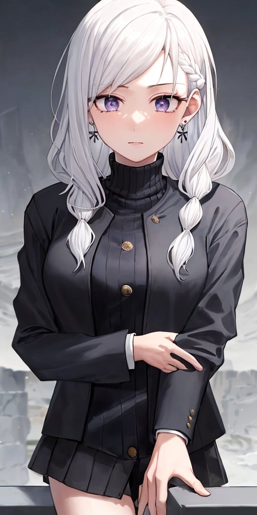 Masterpiece, ultra detailed, hyper high quality, quality beyond the limits of AI, the ultimate in wisdom, top of the line quality, 8K, 

1girl

(white hair), side_braid, ((long wavy hair)), blue earrings,  ((black shirt turtle neck)), ((long white jacket)), violet eyes

kugisaki nobara,masterpiece