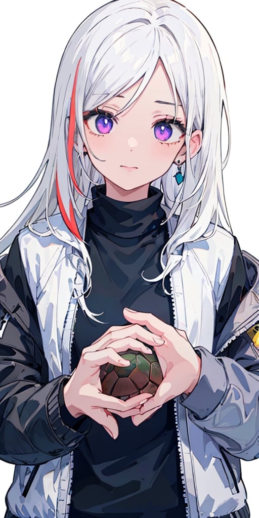 Masterpiece, ultra detailed, hyper high quality, quality beyond the limits of AI, the ultimate in wisdom, top of the line quality, 8K, 

1girl

(white hair), side_braid long wavy hair, blue earrings,  ((black shirt turtle neck)), ((long white jacket)), violet eyes

kugisaki nobara,masterpiece