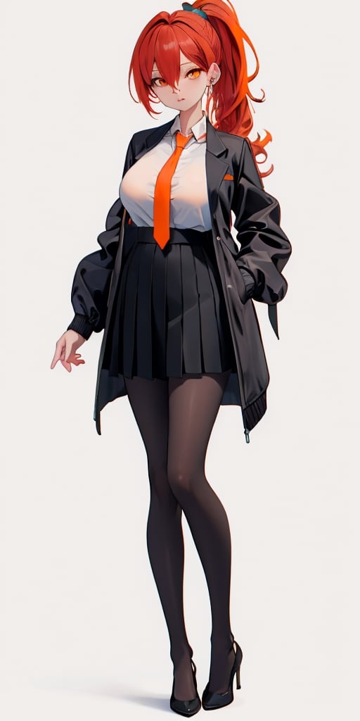 Masterpiece, ultra detailed, hyper high quality, quality beyond the limits of AI, the ultimate in wisdom, top of the line quality, 8k,

1girl,looking at viewer,simple background,white background,standing,full body,(clean background),

((white shirt,orange tie)), 
((long black jacket)), 
(black skirt),pleated_skirt,(black_pantyhose), high_heels,  (huge breasts),milf,mature,

((red hair)), ((ponytail)), long curly hair, bangs cover right eye, orange eyes, blue hair bow,white skin,

masterpiece, solo