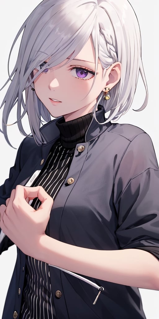 Masterpiece, ultra detailed, hyper high quality, quality beyond the limits of AI, the ultimate in wisdom, top of the line quality, 8K, 

1girl

(white hair), side_braid long wavy hair, blue earrings,  ((black shirt turtle neck)), ((long white jacket)), violet eyes

kugisaki nobara,masterpiece