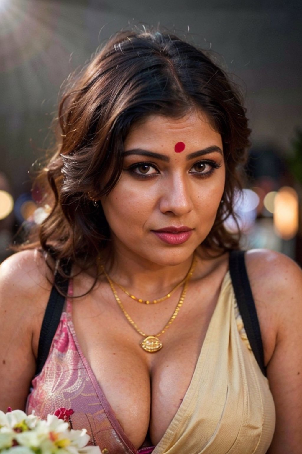 masterpiece, 8k, best quality, ultra highres, professional photography, sharp focus, HDR, 8K resolution, intricate detail, sophisticated detail, depth of field, photorealistic, ((sindoor on hair partings)), ((voluptuous,slighty_chubby)), hindu milf, sexy woman with hina tattos,  lariat necklace, large breasts, blushing, kohl eyed, ((large breast, curvaceous)), sitting at dashashwamedh ghat of Varanasi, temples of Varanasi, benares, hyperrealistic, (analog quality:1.3), (film grain:1.2), beautiful background, (best quality:1.3), ultra clarity , super realism , 8k, (natural skin texture, hyperrealism, soft light, sharp:1.2), (intricate details:1.12), hdr, (dark shot:1.33), neutral colors, (hdr:1.4), (muted colors:1.5), technicolor, (intricate), (night:1.4), hyperdetailed, dramatic, intricate details, (cinematic),super realism , 8k, (natural skin texture, hyperrealism, soft light, sharp:1.2), (intricate details:1.12), hdr, (dark shot:1.22), vibrant colors, (hdr:1.4), (vibrant colors:1.4), (intricate), (artstation:1.2), hyperdetailed, dramatic, intricate details, (technicolor:0.9), (rutkowski:0.8), cinematic, detailed,