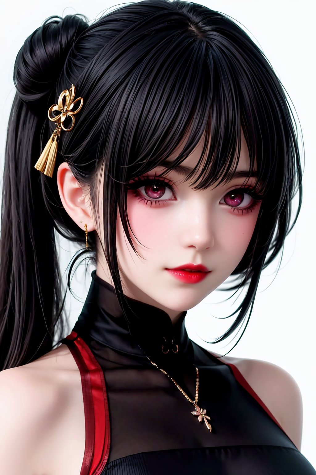 A 17-year-old Korean girl stands confidently in a simple white background, her slender figure wrapped in a vibrant red cheongsam swimsuit. Her raven-black hair is styled in two adorable buns, adorned with tiny Pokies charms. She wears a pastel-colored tee that complements her porcelain-fair skin, showcasing an extremely delicate and beautiful face. Slightly upturned lips curve into a gentle smile, accentuating her dark red lipstick. Her big, bright eyes seem to sparkle with an inner light, framed by thick lashes. The subject's gaze is direct, as if challenging the viewer. Her photorealistic features are rendered in exquisite detail, from the fine skin texture to the subtle curves of her eyebrows. A pair of four fingers and one thumb completes the realistic portrait, a testament to her stunning beauty., yor briar