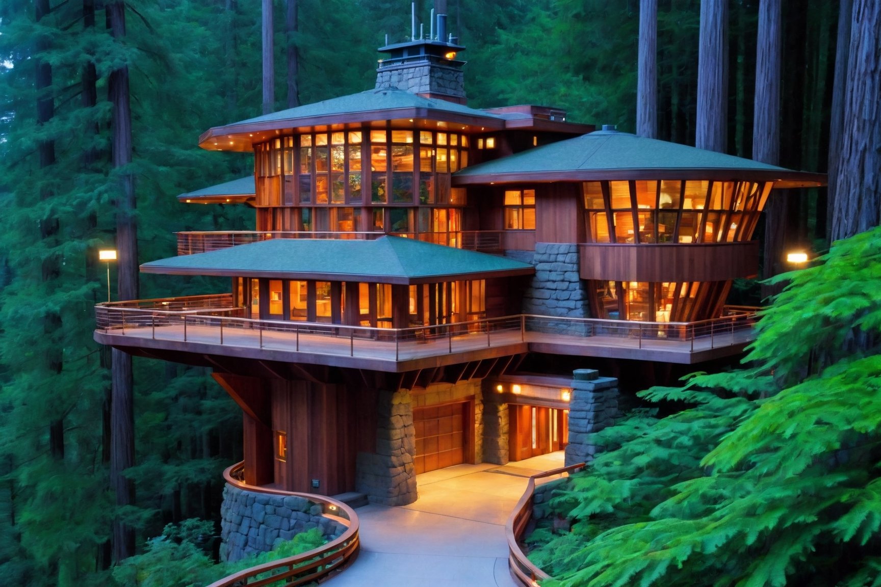 long shot ((masterpiece)), (((best quality))), ((ultra-detailed)), beautiful elaborate realistic ifrank lloyd wright  treehouse deep in a lush green redwood forest, large tall redwood trees, the tree house is spacious, gorgeous frank lloyd wright style architecture, rock slate foundation, there is a large wooden deck around the perimeter of the treehouse, shafts of light shine through the canopy, night time scene, full moon, lit torches outside ,aw0k euphoric style,aw0k euphoricred style, long shot from above looking down, frank lloyd wright 
