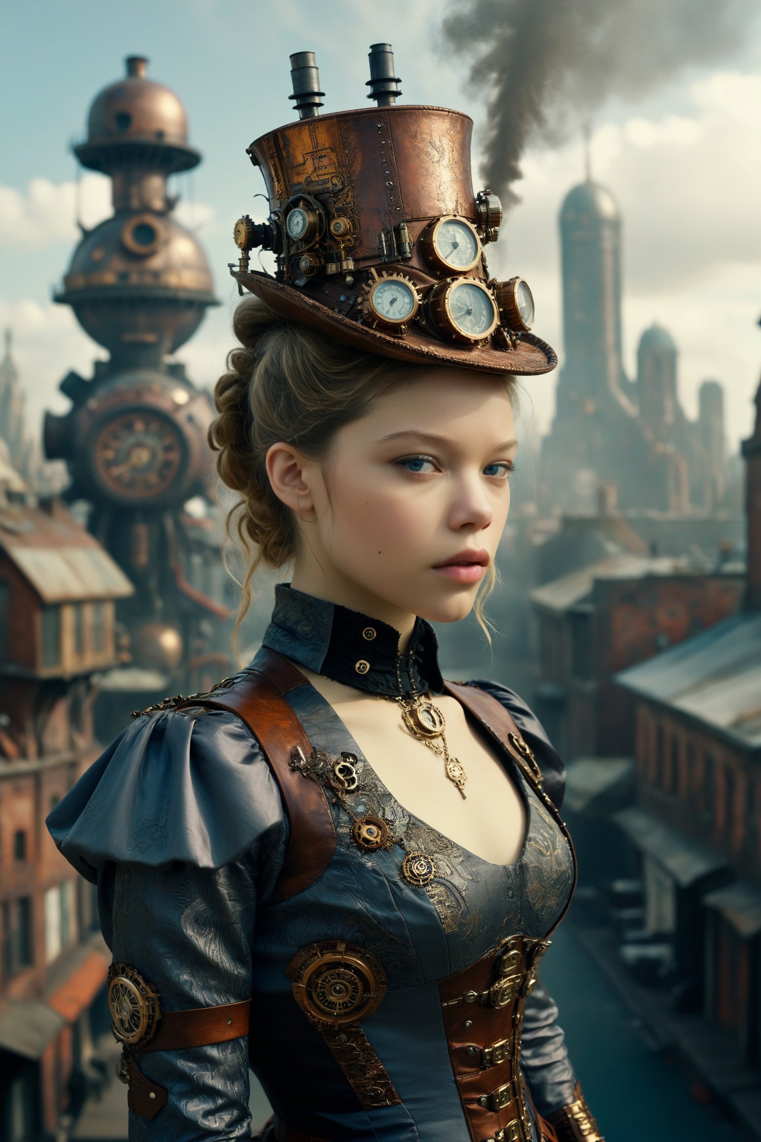 medium shot of 1girl, a beautiful Léa Seydoux. she is dressed in an elaborate steampunk outfit. behind her is a steampunk cityscape.