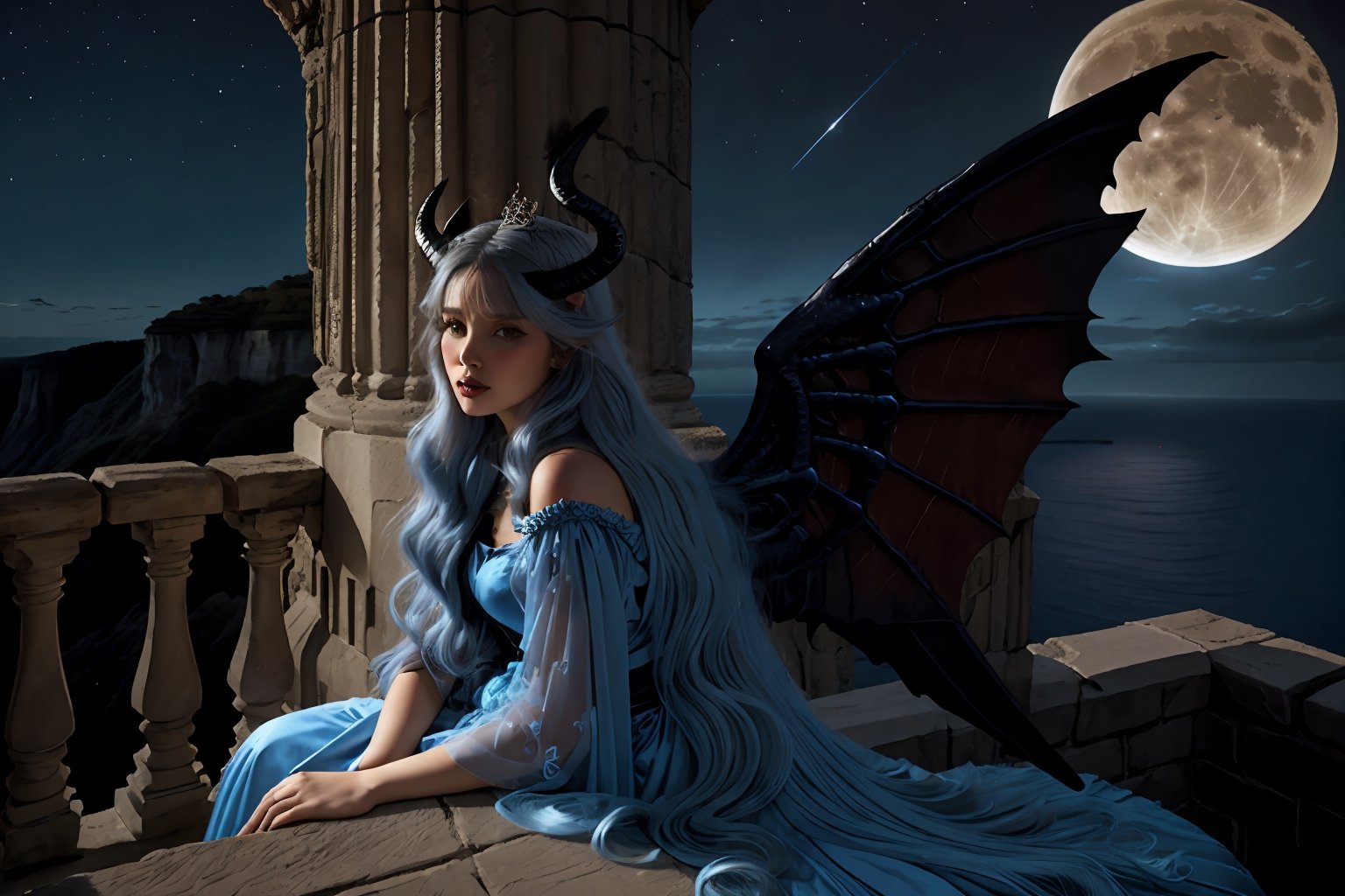 extreme long shot, side view, michael parkes style, a beautiful young queen of gargoyles with gargoyle wings, horns, thick voluminous long blue hair is sitting on the ledge of a very tall castle on a cliff above the ocean below. there are no other structures around this cliff. she is wearing an elaborate long blue gown. she is sitting next to a gargoyle. its night time with a full moon. dark sky & stars are in the sky.  michael parkes, zoom out.,1girl,Masterpiece,SD 1.5,realistic,fashion_girl