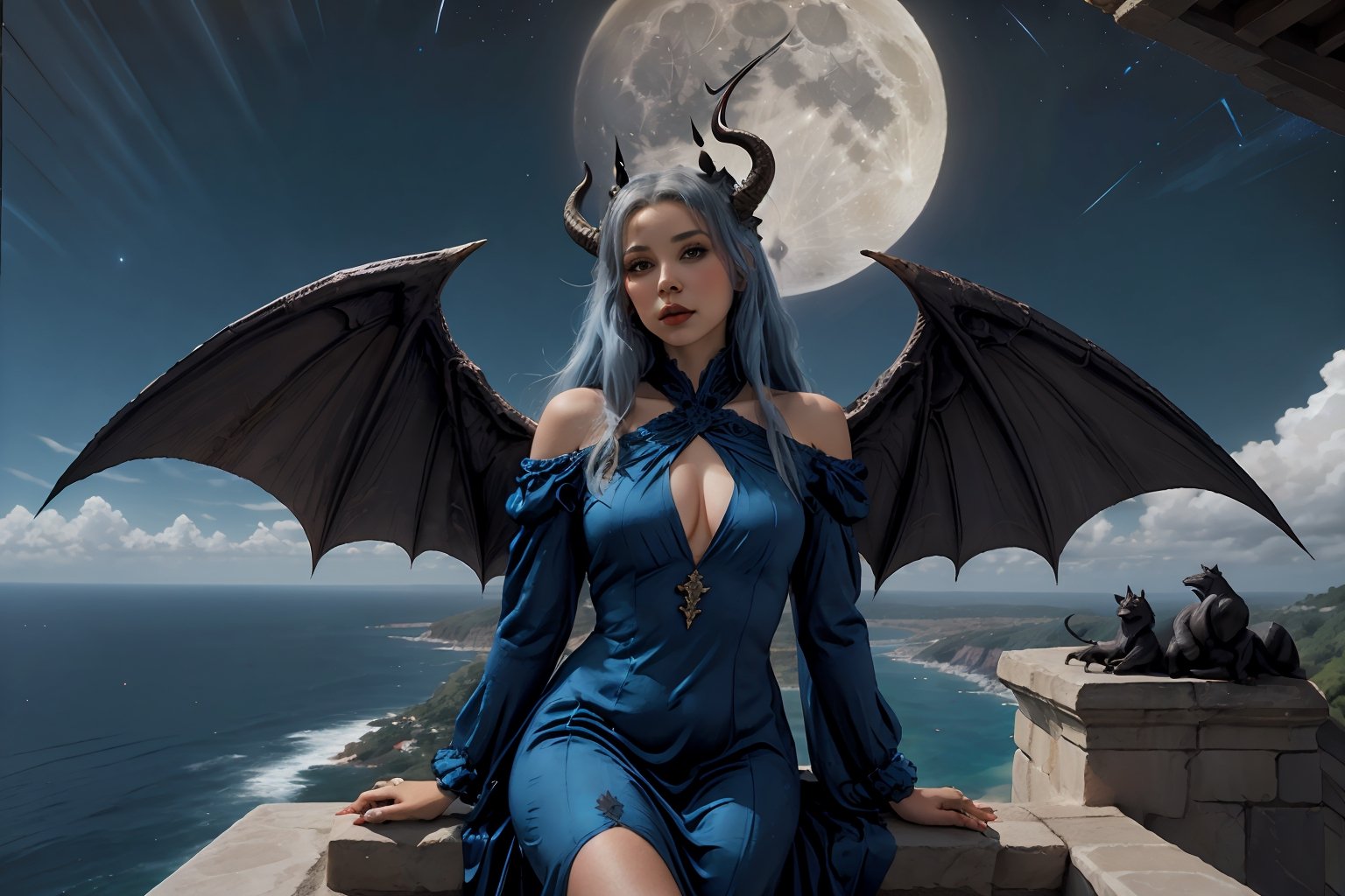 extreme long shot, michael parkes style, a beautiful young queen of gargoyles with gargoyle wings, horns, thick voluminous long blue hair is sitting on the ledge of a very tall castle on a cliff above the ocean below. there are no other structures around this cliff. she is wearing an elaborate long blue gown. she is sitting next to a gargoyle. its night time with a full moon. dark sky & stars are in the sky.  michael parkes, zoom out.,1girl,Masterpiece,SD 1.5,realistic