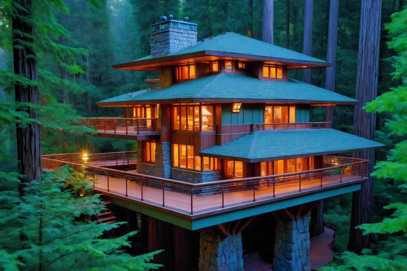 long shot ((masterpiece)), (((best quality))), ((ultra-detailed)), beautiful elaborate detailed realistic frank lloyd wright treehouse deep in a lush green redwood forest, large tall redwood trees, the tree house is spacious, gorgeous frank lloyd wright style architecture, rock slate foundation, there is a large wooden deck around the perimeter of the treehouse, shafts of light shine through the canopy, night time scene, full moon, lit torches outside ,aw0k euphoric style,aw0k euphoricred style, long shot from above looking down, frank lloyd wright 
