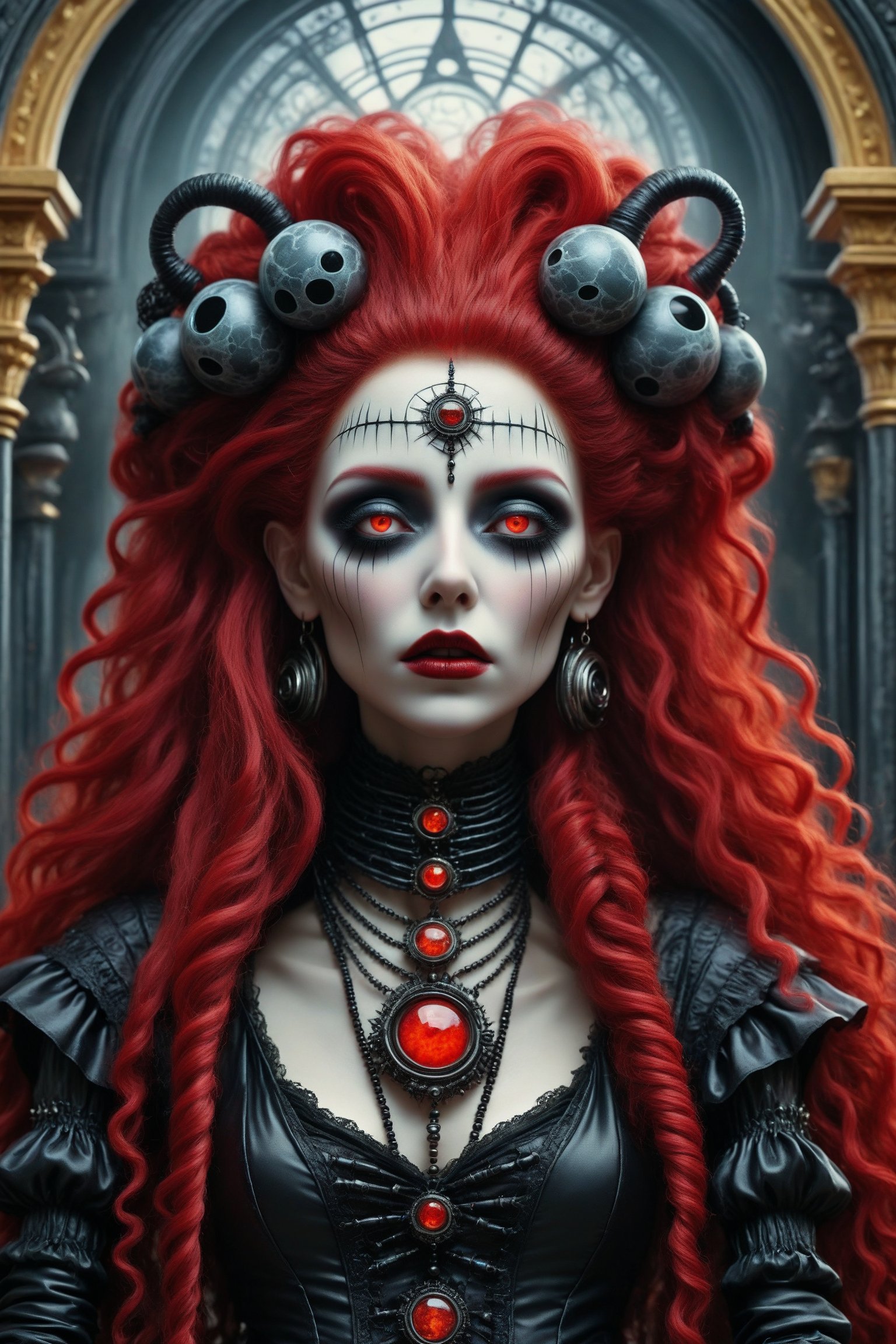 middle shot, cinematic, dynamic, realistic portrait of a dark ancient witch priestess. a fusion of elaborate rococo, futuristic gothic witchy punk. she has long curly vivid red and black hair. eyes are closed in prayer. a detailed background of a dark ceremonial temple with occult and celestial imagry, perfect female anatomy, goth person, pastel goth, dal, Gaelic Pattern Style, middle shot, cinematic, dynamic