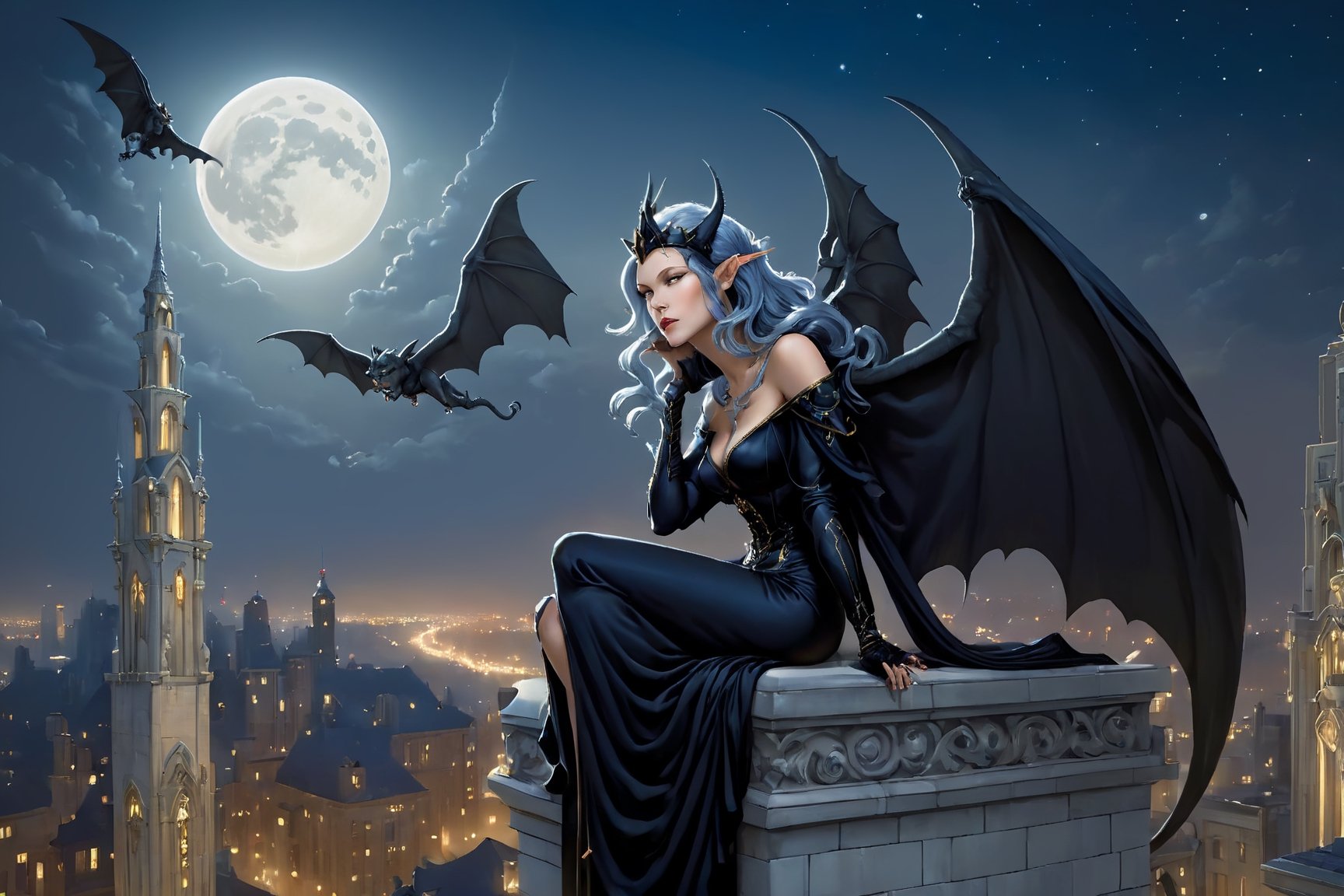 extreme long shot view,  michael parkes style, a beautiful young queen of gargoyles. long grey-blue hair, an elaborate black silk gown - no hands and a silver crown is sitting next to her baby gargoyles on the top of a very tall building. her eyes are open and she has a serene expression. its night time with a full moon and dark sky. a gargoyle is swooping down from above getting ready to land on a building. stars are in the sky.  in the distance are tall buildings with gargoyles. michael parkes, artist study hands. ,1girl,Masterpiece,SD 1.5,realistic