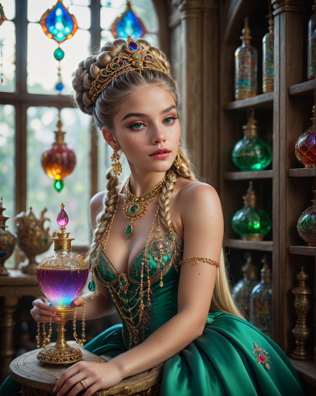 (masterpiece), (best quality:1.4),dreamlikeart, fairytale, elaborate multi-colored, shiny, jewel-like jewels, gold, elaborate jewelry and riches in a bottle, realistic, photo, canon, dreamlike, art, 17 year old lady sitting on high stool looking at the bottle, lady has freckles, big lips, blonde long hair, elaborate braids, hair buns, pierced ears with elaborate dangle earrings, lady has very large detailed emerald eyes, lady wearing elaborate silk, embroidered, shiny outfit, elaborate jewelry, serene facial expression, hyperdetailed photorealism, shelves behind lady with more different colored bottles of magical potions and ancient books, large floor to ceiling window with natural light, lifelike high res sharp focus contrast!! intricate detailed atmospheric light refraction lighting unreal engine 5 cinematic, light shafts, full body shot, high ceiling, head to toes shot 