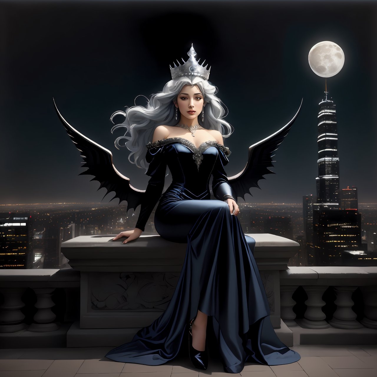 extreme long shot view, full body shot,  michael parkes style, a beautiful young queen of gargoyles. long grey-blue hair, an elaborate black silk gown and a silver crown is sitting on top of a very tall building. her eyes are open and she has a serene expression. its night time with a full moon and dark sky. small gargoyles are swooping in the sky. stars are in the sky.  in the distance are tall buildings with gargoyles. michael parkes, artist study hands. ,1girl,Masterpiece,SD 1.5,realistic,leonardo