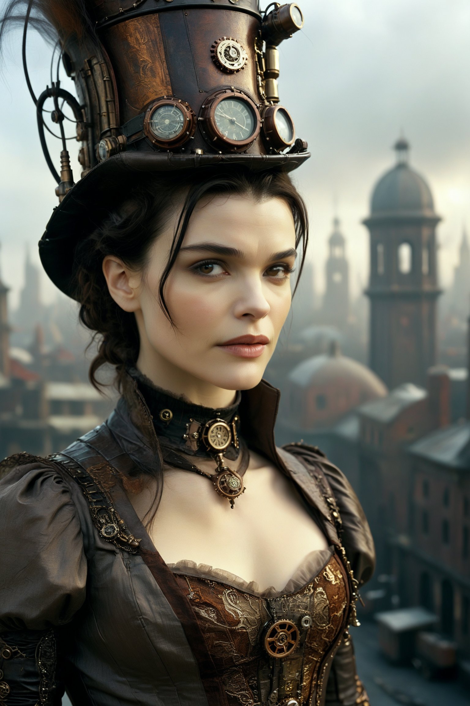 medium shot of 1girl, a serene and beautiful 
Rachel Weisz with a closed mouth smile. she is dressed in an elaborate steampunk outfit. behind her is a steampunk cityscape.