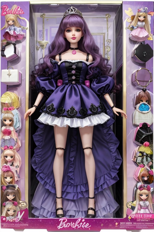 inboxDollPlaySetQuiron style, gift box, no humans, playset, doll inside enclosed box, blister package, full body, cover page, blister box, toy, character print, doll enclosed in box, toy playset pack, in a decorative doll gift box, elaborate doll clothes, cute detailed princess girl doll with vivid purple curly hair and big blue eyes, crown, full body doll in box, with the doll are doll-sized accessories like purses, jewelry, shirt, skirts, shoes, doll joints, perfect hands and fingers