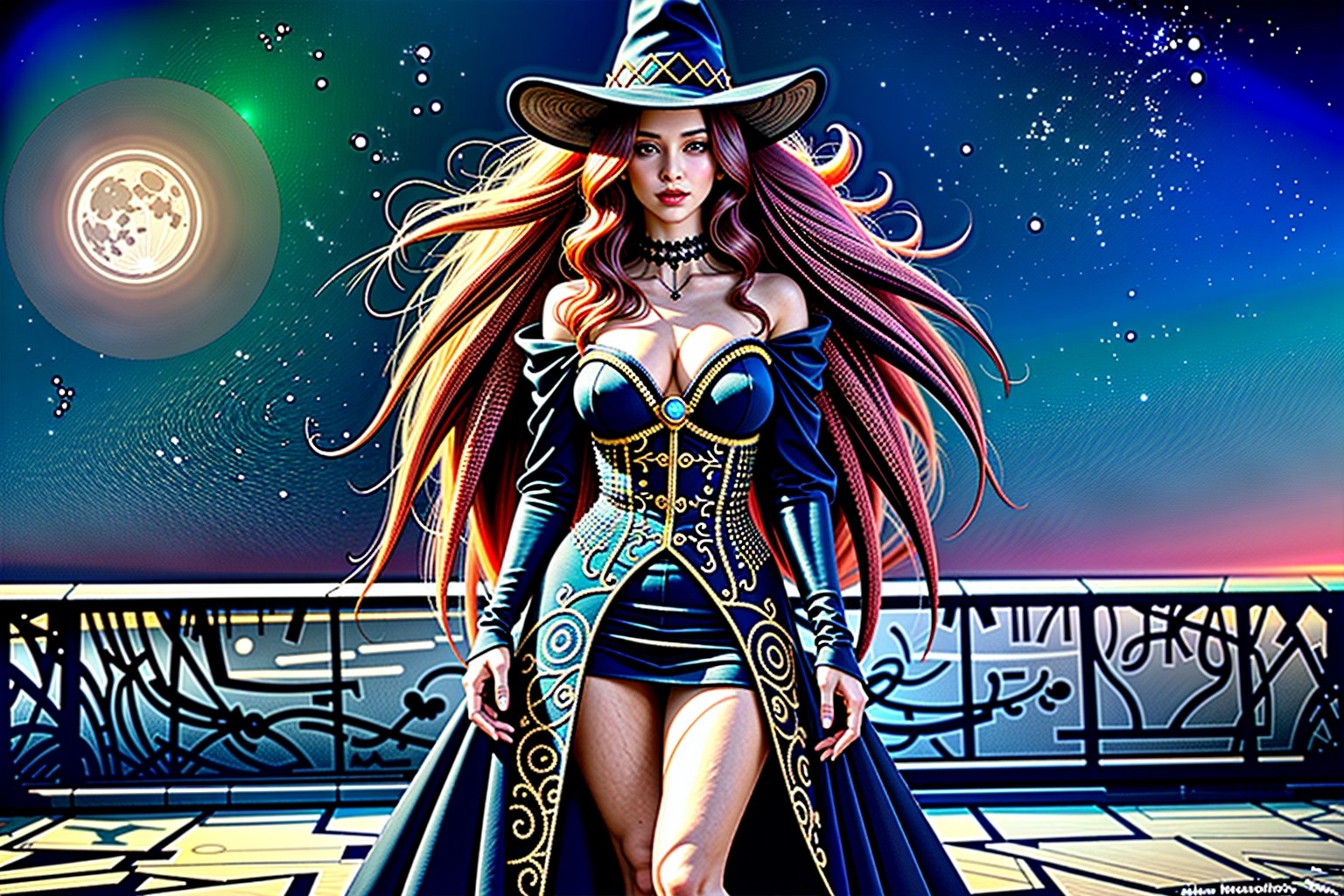 High definition vivid masterpiece, a beautiful witch woman, witch hat, elaborate spikey super long, messy red hair, blowing hair, green glowing big intricate detailed eyes, realistic, velvet elaborate dress, elaborate jewelry, night time, gothic castle, gravestones, full moon, starry sky, glowing full moon, light shafts, detailed background, boots, full body, Makeup,Masterpiece, full body,realistic, 