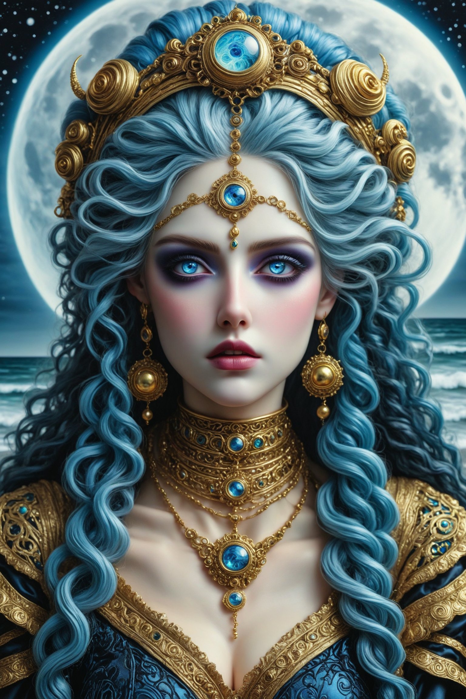 close up shot, cinematic, dynamic, realistic portrait of a beautiful ancient priestess. a fusion of elaborate rococo, ancient roman, ancient european gothic punk. she has long curly blue hair and blue eyes. hair and wears a shawl over her head. she wears a elaborate priestess outfit in colors of blue, black, gold, bejewelled. a detailed background of an ocean beach at night, dark sky, full moon, perfect female anatomy, goth person, pastel goth, dal, Gaelic Pattern Style, close up shot, cinematic, dynamic