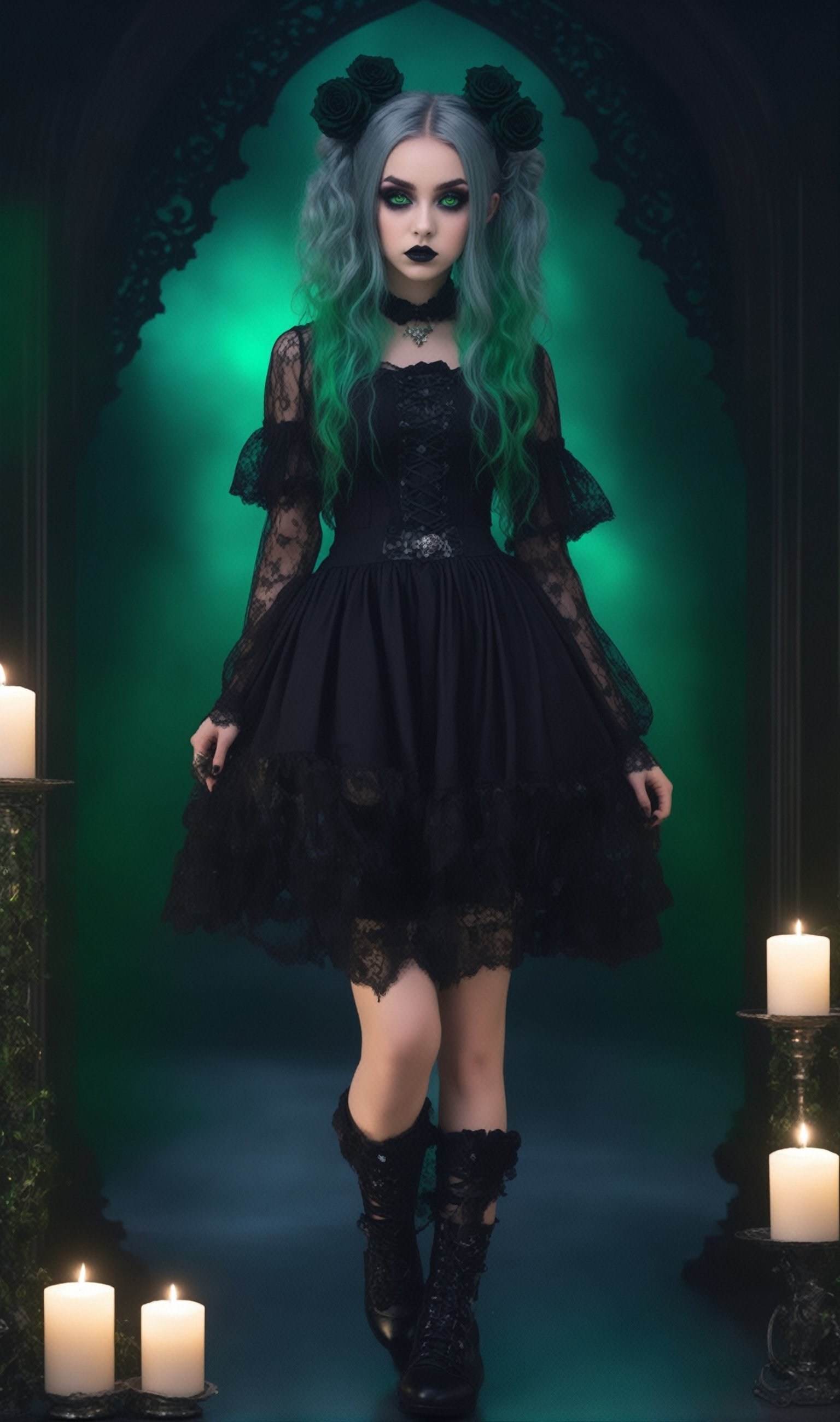 photorealistic concept art, 1girl, irish Young girl, green long hair, messy hair, elaborate hair, hair buns, serene expression on face, dark eye make up, elaborate outfit, black roses in hair, pastel gothic Fashion Girl,Grunge-Lolita Fashion, girly pastel lace blouse, high heel embroidered intricate boots,The ethereal glow, metallic accessories, and moody atmosphere create a mystical aura,
Gothic Lolita long lace Skirt, her look exudes dark glamour,natural volumetric cinematic perfect light,pastelbg,pastel goth, intricate background, candles, realistic large gray cats with fluffy long hair with glowing green eyes at the girl's feet,