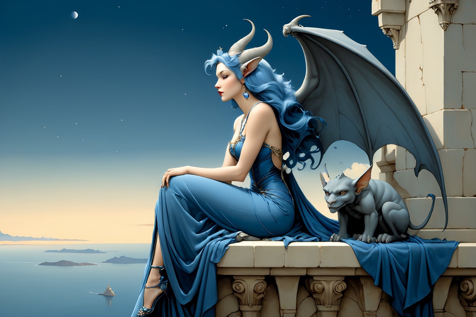 extreme long shot, side view, michael parkes style, a beautiful young queen of gargoyles with gargoyle wings, horns, thick voluminous long blue hair is sitting on the ledge of a very tall castle on a cliff above the ocean below on a rocky deserted coastline. she is wearing an elaborate long blue gown. she is sitting next to a gargoyle. its night time with a full moon. dark sky & stars are in the sky.  michael parkes, zoom out.,1girl,Masterpiece,SD 1.5,realistic,fashion_girl,more detail XL,extremely detailed