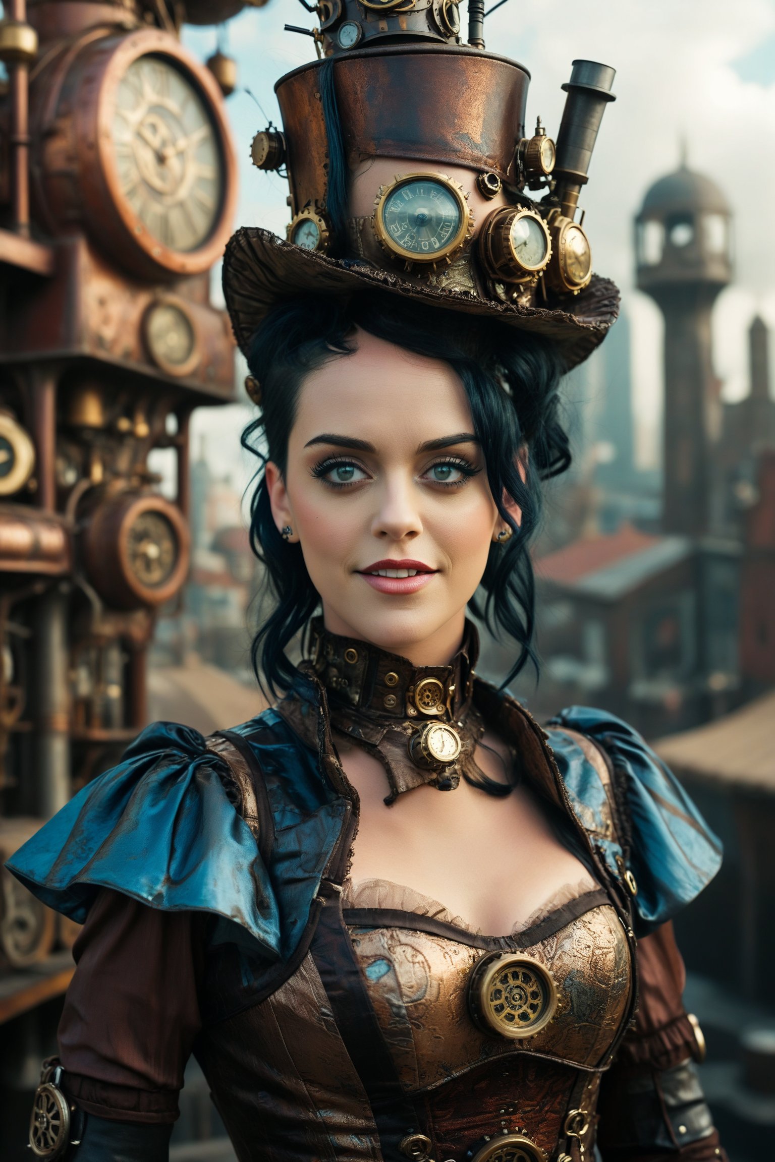 medium shot of 1girl, a happy and beautiful Katy Perry with a closed mouth smile. she is dressed in an elaborate steampunk outfit. behind her is a steampunk cityscape.